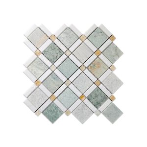 Мраморная мозаика с ромбовидным узором из камня Green Gem, белого мрамора Тасос и медового оникса