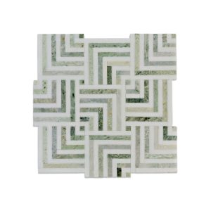 Полированная мраморная мозаика с геометрическим узором из белого Тасосского мрамора и камня Green Gem