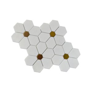 Полированная шестигранная мраморная мозаичная плитка из белого Тасосского мрамора с металлическими вставками